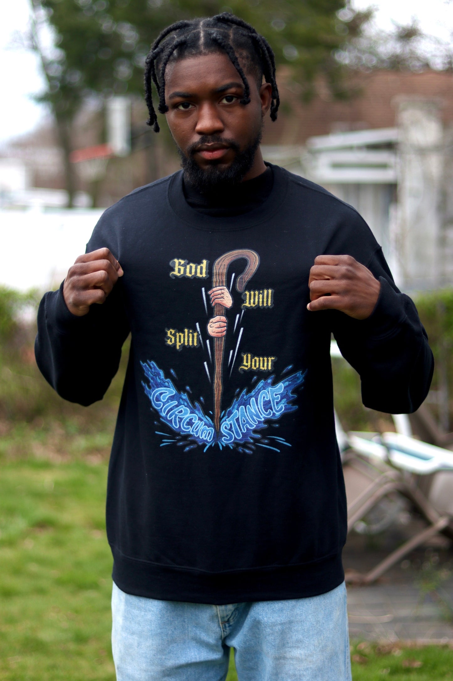 God Will Split Your Circumstance Black Crewneck